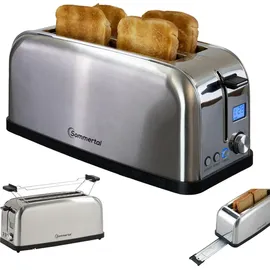 sommertal Toaster ST1500 XXL, 4 Scheiben mit Brötchenaufsatz, Display mit Timer und Restlaufanzeige, Langschlitztoaster Restlaufzeit, Retro Design Langschlitz Edelstahl 1500W