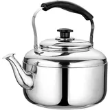 AWAING Flötenkessel Induktion Edelstahl Teekanne Camping Wasserkocher zum Kochen von Wasser Herdpfeifen mit ergonomischem Griff Wasserkessel für Holzofen(Color:Silver;Size:4L)