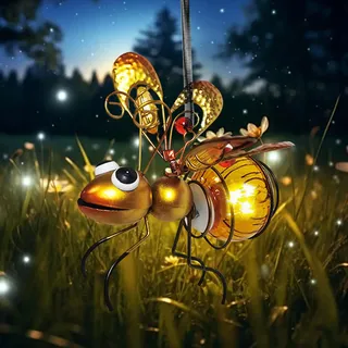 Biene Garten Deko mit Solar Laterne für Außen Gartendeko mit Wetterfest LED Solarlampe, Metall Dekoration Gartenfigur für Innen Draußen Hof und Balkon Garten (Biene)