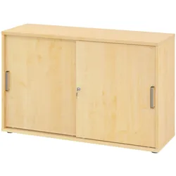 bümö Schiebetürenschrank 2OH - Aktenschrank abschließbar, Sideboard Schrank mit Schiebetüren in Ahorn, Streifengriff - Büroschrank aus Holz mit