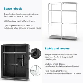 Intirilife Faltschrank 108x170x45 cm in RABEN SCHWARZ - mit Reißverschluss Stoffschrank Kleiderschrank mit Kleiderstange, Fächern und Seitentasche