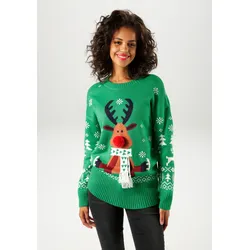 Aniston CASUAL Weihnachtspullover, mit Bommel-Nase und Fransenschal Aniston CASUAL grün-weiß-hellbraun-rost-marine 46