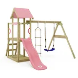 Wickey Spielturm Klettergerüst TinyPlace mit Schaukel & Rutsche, Kletterturm mit Sandkasten, Leiter & Spiel-Zubehör – Pastellpink