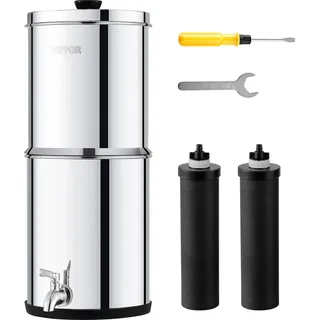 Vevor Schwerkraft Wasserfiltersystem Edelstahl Arbeitsplattensystem 7 L + 8,5 L Wasserfiltrationssystem, reduziert Blei und bis zu 99 % Chlor, mit 2 Kohlefiltern & Zapfhahn, Camping Wohnmobil Zuhause