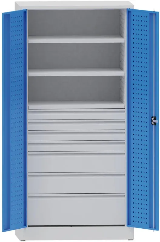 KOVONA Werkstatt-Werkzeugschrank aus Metall, 2 Fachböden, 7 Schubladen, geschweißt, Tragkraft 80 kg, 950 x 500 x 1950 mm