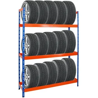 PROREGAL Reifenregal Tiger XL | HxBxT 200x150x45 cm | 300kg Fachlast | bis zu 18 Reifen (205/55 R16) | Blau/Orange | Werkstattregal, Lagerregal, Kellerregal