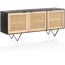 FineBuy Sideboard 175cm Mango Design Kommode mit 3 Rattan Wiener Geflecht Türen Schwarz