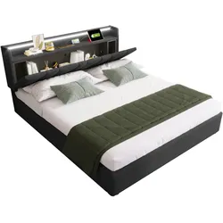 Merax Polsterbett Doppelbett mit aufladen USB Ladefunktion Stauraum-Kopfteil und LED-Beleuchtung, 140x200cm, Grau