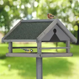 Relaxdays Vogelfutterhaus mit Ständer, wetterfestes Dach, Holz Vogelhaus, HBT: 120x62x55 cm, Futterhaus Wildvögel, grau