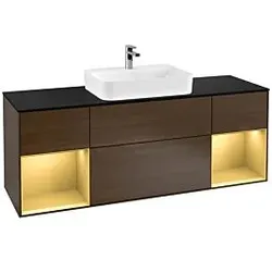 Villeroy und Boch Finion Waschtischunterschrank G452HFGN 160cm, Abdeckplatte black matt, Emotion, Regale Gold matt lacquer, Walnut veneer