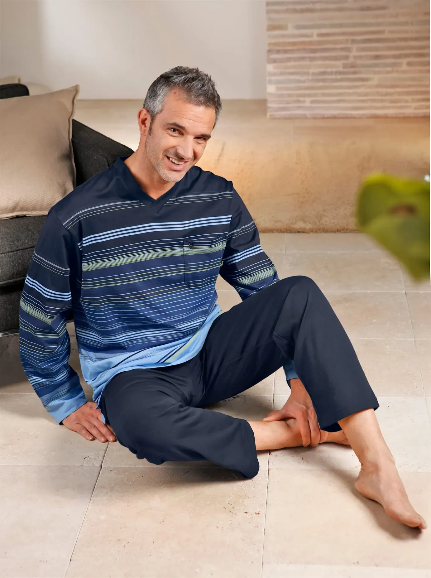 Schlafanzug HAJO, Herren, Gr. 48/50, blau (marine, geringelt), 62% Baumwolle, 38% Polyester, Homewear-Sets Schlafanzug