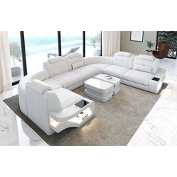 Sofa Dreams Wohnlandschaft Leder Couch Sofa Elena U Form Ledersofa, U-Form Ledersofa mit LED-Beleuchtung weiß