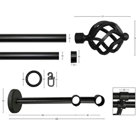 GARESA Gardinenstange GARESA "RUSTIKA", schwarz, L:360cm Ø:16mm, Metall, Gardinenstangen, rustikale Vorhanggarnitur, verlängerbar, m. Ringe, Endknopf Korb