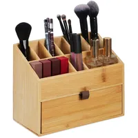 Relaxdays Kosmetik, Make up Organizer mit Schublade, Pinselhalter, Bambus,