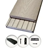 Woodstore24 Terrassendielen WoodoMalta WPC Massivdiele in 3D-Holzoptik für Terrasse & Balkon grau, (2,4m L x 14,6cm B x 1,8cm Stärke, Bodenbelag Komplettset mit Unterkonstruktion), Holzoptik, Klicksystem, Außenbereich, Gastronomie geeignet, wetterfest