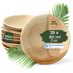 BIOZOYG 25 Stück Dipschälchen 80ml rund Einwegschälchen Palmblattschälchen Snackschälchen, kompostierbar, ideal für Fingerfood und Snacks