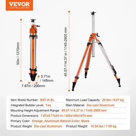 Vevor Wasserwaage 5/8"-11-Gewindehalterung Höhenverstellbar 114,5-290,5 cm