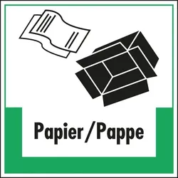Aufkleber I Abfallkennzeichen Papier/Pappe, mit Symbol und Text, Folie, selbstklebend, 100x100mm