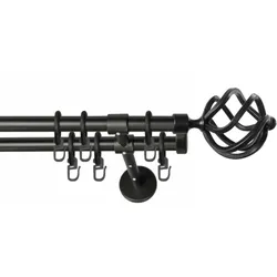 Gardinenstange GARESA "RUSTIKA", schwarz, L:130cm Ø:16mm, Metall, Gardinenstangen, rustikale Vorhanggarnitur, verlängerbar, m. Ringe, Endknopf Korb