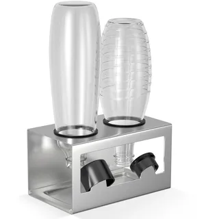 HOMMAND Flaschenhalter für SodaStream Crystal und Emil Flaschen, Edelstahl Flaschenhalter Abtropfgestell Abtropfständer für 2 Flaschen, mit Silikonschutzringe, Abtropfschale und Deckelhalter Silber