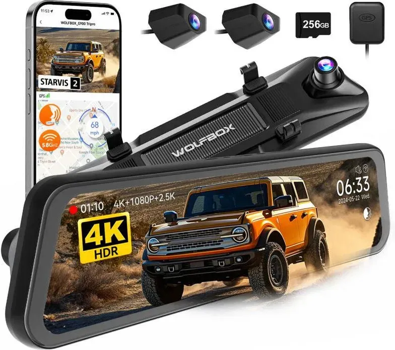 WOLFBOX G900 Tripro Bumper Version 3-Kanal 4K Spiegel-Dashcam, 8 MP STARVIS 2 IMX678 Nachtsicht, 4K+2,5K+1080P Front- und Rückfahr-Dashcam, 5,8 GHz WLAN, Sprachsteuerung, inkl. 256 GB Speicherkarte & GPS