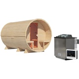 Woodfeeling Karibu Saunahaus Fasssauna 3 - 38 mm inkl. 8-teiligem gratis Zubehörpaket 9 kW Bio-Kombiofen inkl. Steuergerät