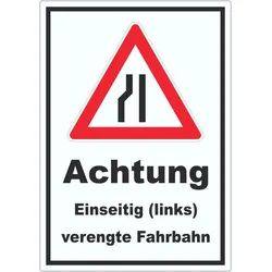 Aufkleber Achtung Verengte Fahrbahn links A5 (148x210mm)