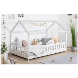 TiCAA TiCAA Kinderbett Hausbett Kay 90x200 cm, 100x200 cm, 120x200 cm, 140x200 für Jungen & Mädchen, inkl. Rolllattenrost, Rausfallschutz variabel, Montessori Bett weiß aus Kiefer Massivholz