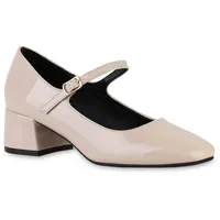 VAN HILL Damen Mary Janes Blockabsatz Lack Klassisch Schuhe 216465 Beige Lack 37 - 37 EU