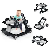 COSTWAY 4 in 1 Lauflernhilfe, Lauflernwagen klappbar mit einstellbarer Höhe & Geschwindigkeit, Baby Walker Autoförmig mit Musikbox, Licht & Rädern, Gehfrei Baby ab 6 Monaten, 12kg Belastbar (Grau)