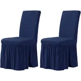 CLGTY Stretch Stuhlbezug 2er Set, Stretch Seersucker Stuhlhussen Mit Rock, Stuhlhussen Für Home Party Hotel Hochzeitszeremonie-Navy-Set of 2