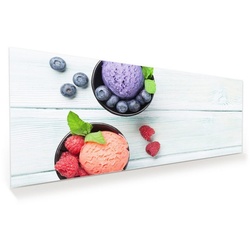 Primedeco Glasbild Wandbild Heidelbeere und Erdbeereis mit Aufhängung, Süsses lila 150 cm x 60 cm