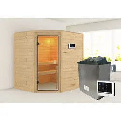 Sauna KARIBU "Mia (Fronteinstieg)", beige (naturbelassen), (ohne Ofen), Saunen, inklusive Ofenschutzgitter und Tür