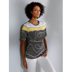 T-Shirt CREATION L PREMIUM "Modal-Shirt", Damen, Gr. 42, bunt (marine, gelb, geringelt), 95% Modal, 5% Elasthan, gemustert, mehrfarbig, bedruckt, Rundhals, Kurzarm, Shirts