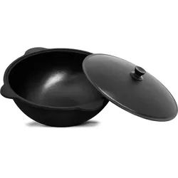 4BIG.fun Gusseisen Kasan 8L eben NAMANGAN Aluminium Deckel Kochen im Freientopf Kazan WOK Kessel Kochen im Freien BBQ Asia Schaumkelle