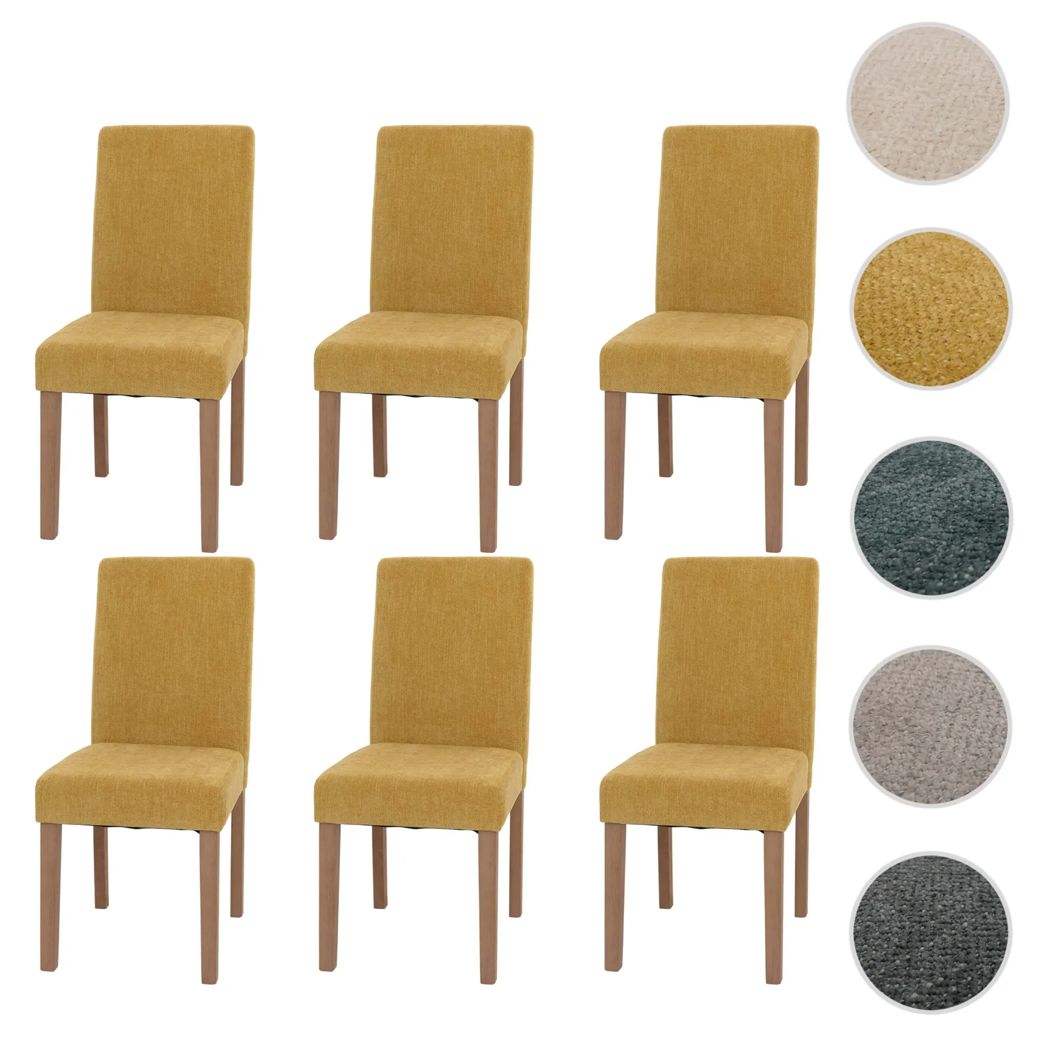 6er-Set Esszimmerstuhl Littau, Stuhl Küchenstuhl Hochlehner, Stoff/Textil Chenille Holz ~ gelb, naturfarbene Beine