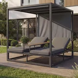 Mendler Alu Lounge-Gartenliege HWC-P81, Sonnenliege Daybed, 10cm-Polster 220g/m2 196x165x196cm - dunkelgrau, Polster grau