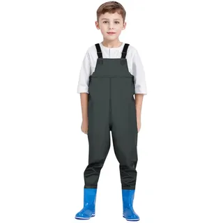 Wathose für Jungen und Mädchen - Wathose für Kinder, Wasserdichte Regenhose mit Stiefeln,Junior Hosenträger Matschhose Regenstiefel,Rutschfeste Sohle Gummistiefel für Jugendliche für 2-15 Jahre