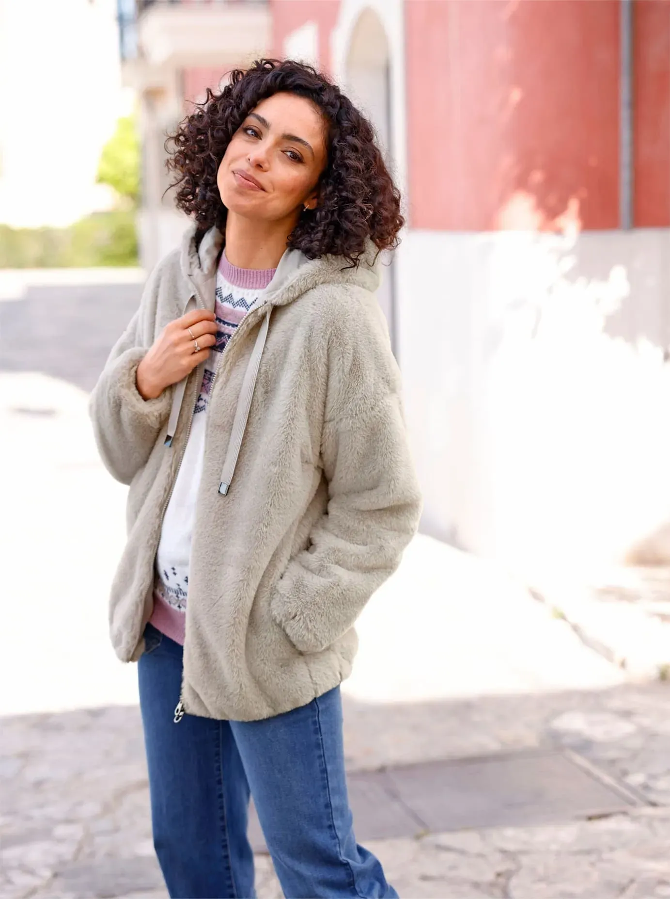 Fellimitatjacke INSPIRATIONEN, Damen, Gr. 54, grau (hellgrau), 100% Polyester, unifarben, Jacken