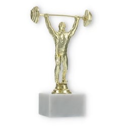 Pokal Kunststofffigur Gewichtheber gold auf weißem Marmorsockel 19,5cm