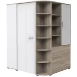 Lomadox begehbarer Eckkleiderschrank mit Falttür Kleiderschrank weiß, braun Eiche Nb.