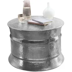 KADIMA DESIGN Couchtisch 62x41x62cm Aluminium Silber Beistelltisch orientalisch rund | Flacher Hammerschlag Sofatisch Metall | Design Wohnzimmertisch modern |