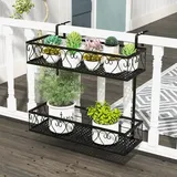 RELAX4LIFE Blumentopfhalter Balkon 2-Tier, Hängendes Blumenregal Metall, Hängeregal mit verstellbaren Haken, Hängegeländer für Terrasse Veranda Zaun Balkon, Schwarz