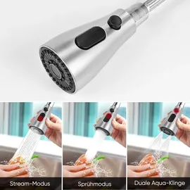 luxuskollektion 3 Modi Brausekopf Küchenarmatur Ersatz, Pull Out Geschirrbrause mit 9
