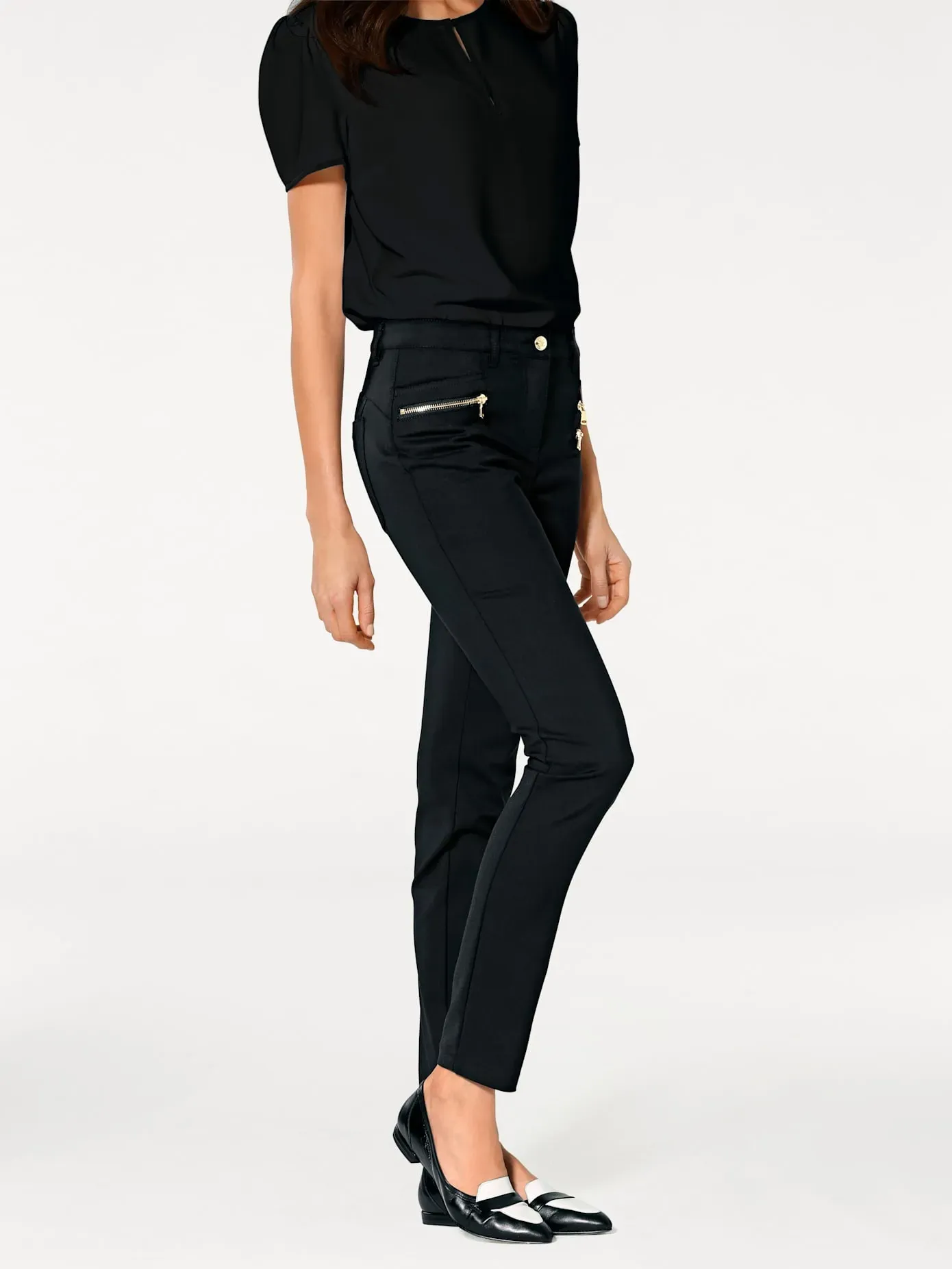 Stretch-Hose HEINE, Damen, Gr. 46, Normalgrößen, schwarz, 48% Baumwolle, 45% Polyester, 7% Elasthan, Miedereinsatz:15% Elasthan, 85% Polyamid, unifarben, lang, Hosen