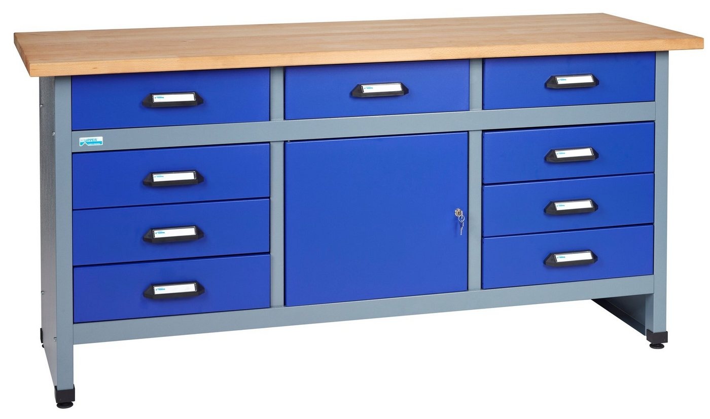 KÜPPER Werkbank 12877, 9 Schubladen, 1 Tür, 300 kg Traglast, 30 mm Buchenarbeitsplatte blau