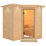 Woodfeeling Karibu Sauna Sahib 1-Massivholzsauna 40mm-Fronteinstieg -Exklusivoptik - Ohne Ofen-Inkl. Dachkranz-Klarglas Ganzglastür inkl. 8-teiligem gratis Zubehörpaket (Gesamtwert 191,92€)