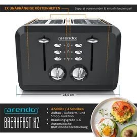 Arendo - Automatik Toaster 4 Scheiben in Edelstahl - bis zu vier Sandwich und Toast-Scheiben - Bräunungsgrad 1-6 - Aufwärm- und Auftaufunktion