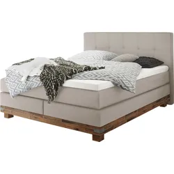 Boxspringbett HASENA "Boston", beige (beige, akazie grau), B:168cm L:210cm, Komplettbetten, Boxspringbett, Massivholz-Sockel, Punktsteppung im Kopfteil, Federkernmatratze