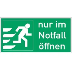 Aufkleber Nur im Notfall öffnen rechts, Querformat, Folie, 148x74 mm